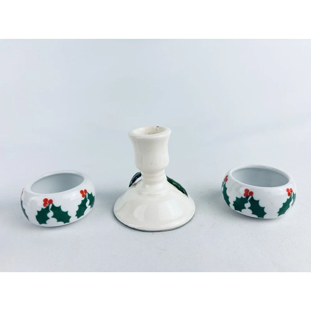 Vintage Holly Ivy‎ Taper Candlestick Holders Christmas Decor - Lot Of 3 -